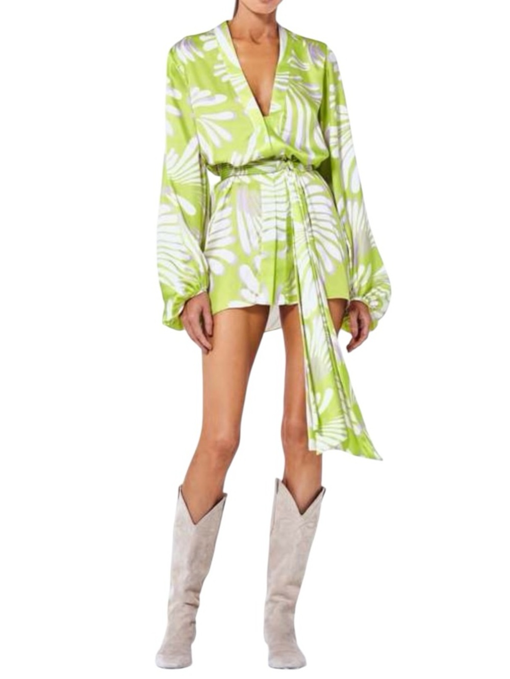 Alexis Karine Mini Wrap Dress Bliss Lime Green Abstract Floral Satin Size S $396 - Picture 6 of 16